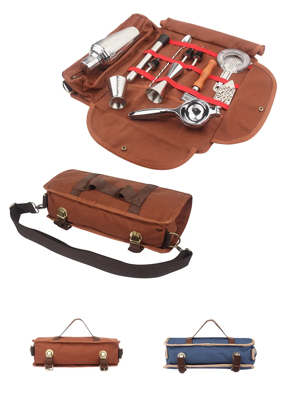 WESSLECO Bar Bartender Carrying Bag Creative Bartender Canvas Toolkit Pack Bar Tool Bag Professional Cocktail Shaker Set Storage