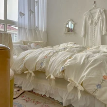 Coração da menina arco custard todo algodão lavado conjunto de quatro peças bordado puro algodão quilt cover folha de cama 1.5/1.8 m cama