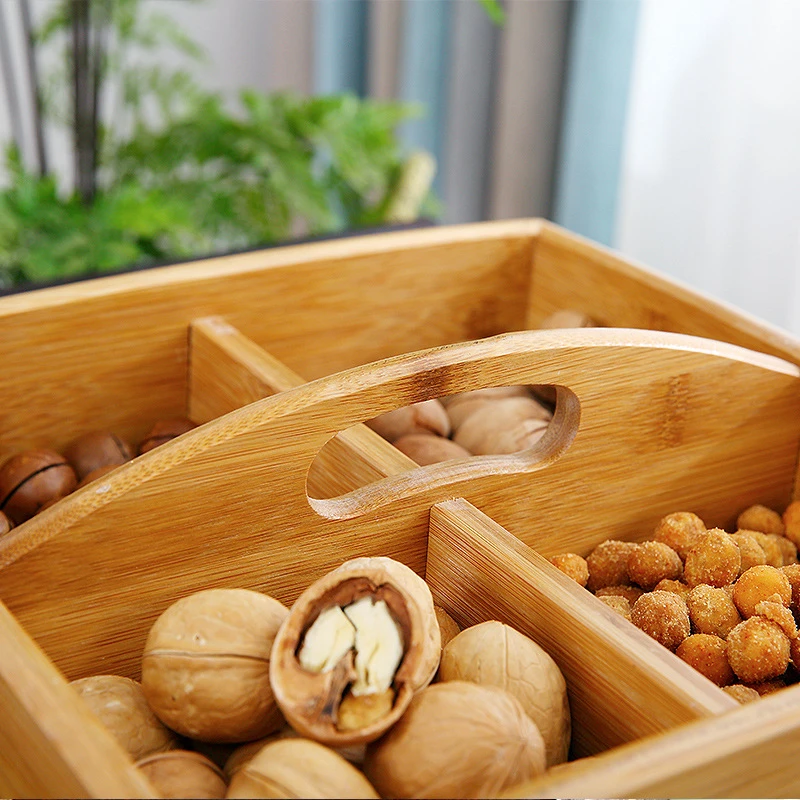 Large Natural Solid Wooden Food Storage Kitchen Parlor Nut Snack Candy Organized Plate Acacia Wood Plate Wooden Box Organizer