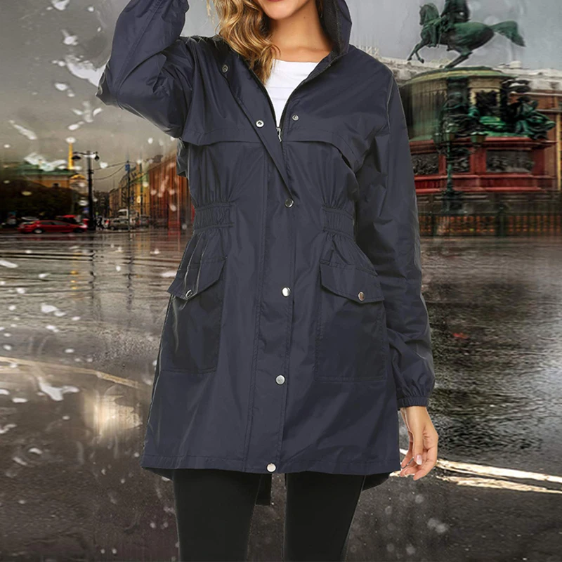 New  2019 Autumn And Winter Womens Rain Coat Lightweight Hooded Long Raincoat Outdoor Breathable Rain Ja