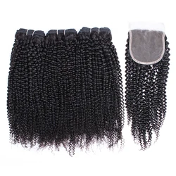Kinky Curly 3 Bundles With 4*4 Lace Closure 300 Gram Full Head Natural Color Brazilian Human Hair Double Weft Hair Extension