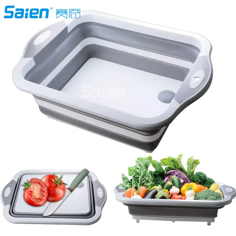 Collapsible Cutting Board with Colander - Foldable Multi-function Kitchen Plastic Silicone Dish Tub - Washing and Draining Veggies Fruits Food Grade S