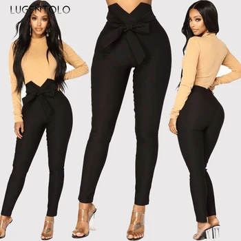 

Lugentolo Women Pants Autumn Solid Color Bow Drawstring Sexy Slim Elastic Casual Fashion Full Length Skinny Mid Trousers Women