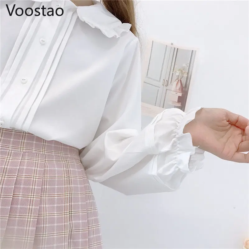 Lolita Blouses Autumn Winter Japanese Style Girly Peter Pan Collar Lantern Long Sleeve Tops Women Sweet