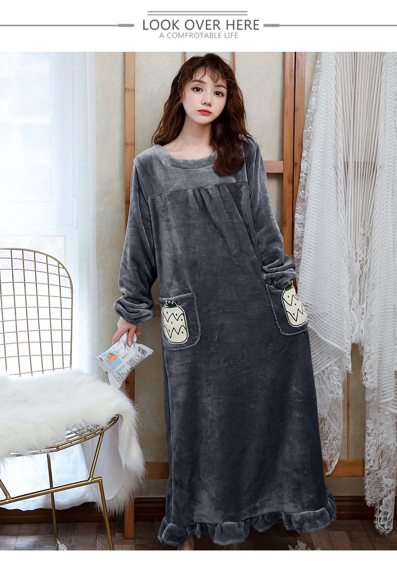 New Sleep Wear Long Sleeve Nightgown Loose Size Korean Nightwear Winter Sleep Dress Flannel Cute Pineapple Ruffle Hem Woman Gown