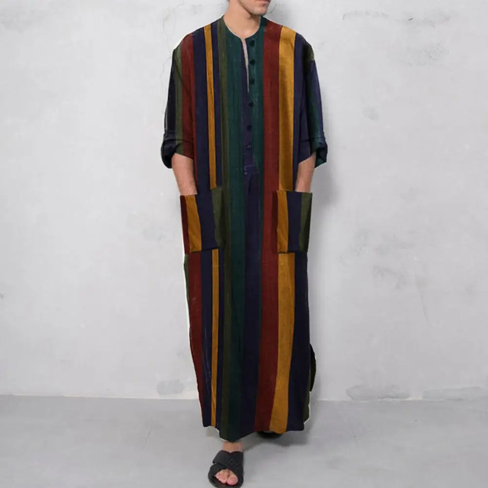 Mens Arabic Muslim Dresses Long Abaya Kaftan Islamic Fashion Stripe Patchwork Shirts Ethnic Men's Clothing Dress 2021 | Мужская