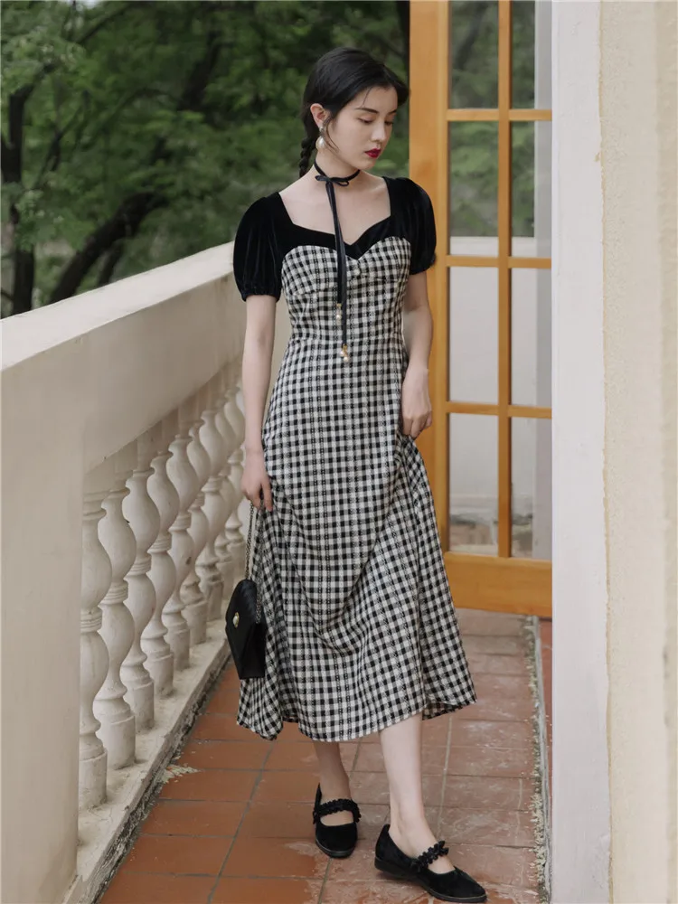 

2020 new fashion women's clothing Square Collar Plaid Vintage dress women dress