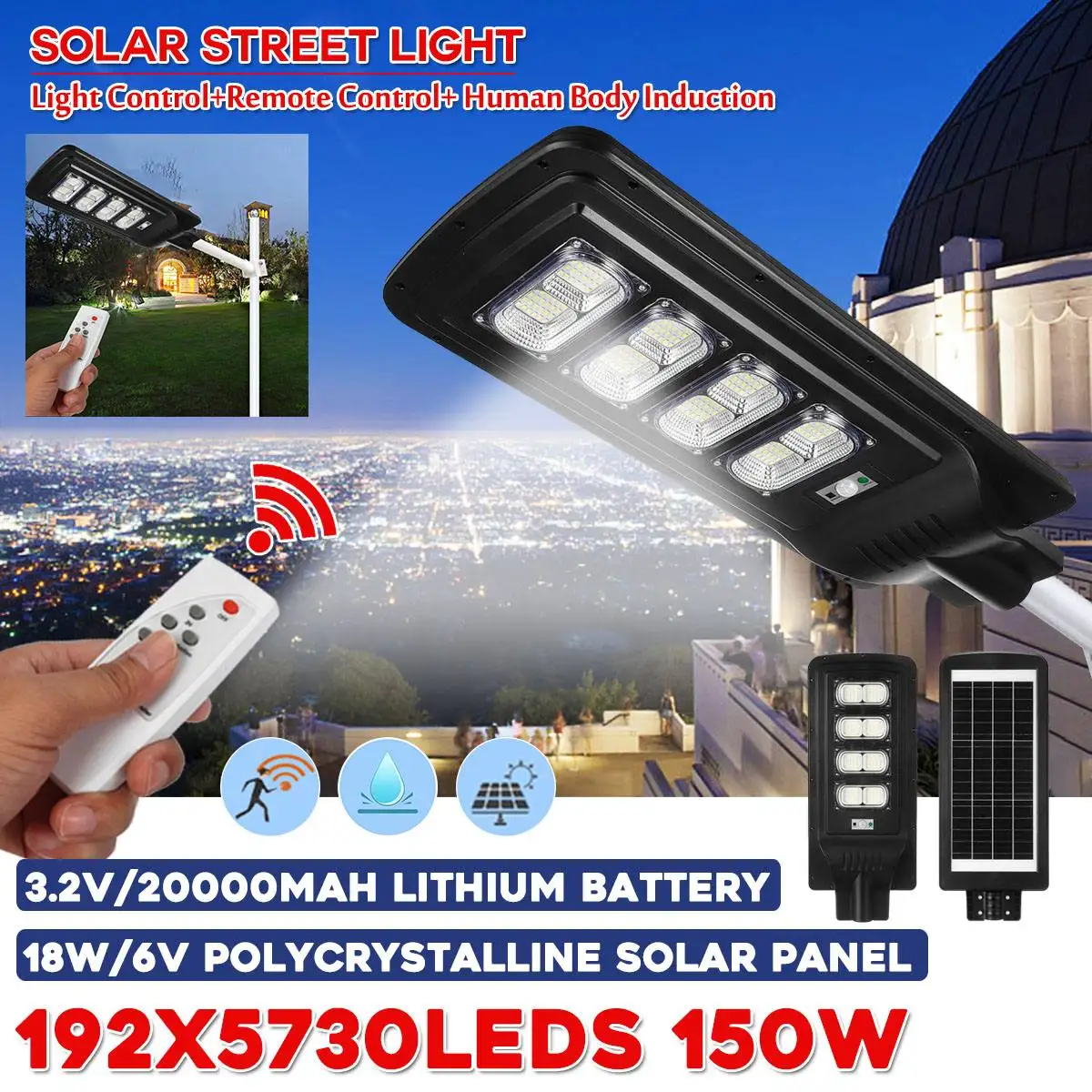

150w 192LEDs Solar Street Light IP67 Waterproor 3 Modes PIR Motion Sensor LED Outdoor Garden w/Remote Controller Light Control