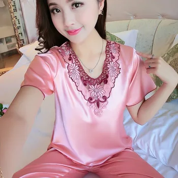 

Imitated Silk Pajamas Women's Summer Capri Pants Casual Loose-Fit Comfortable Short Sleeve Viscose Women's Home Wear