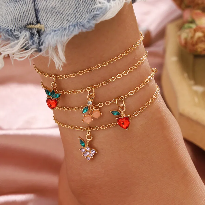 4Pcs/Set Sweet Sweet Crystal Fruit Anklets Set Fashion Apple Strawberry Cherry Grape Gem Gold Chain Anklet Bracelet Jewelry Gift 4Pcs/Set Sweet Sweet Crystal Fruit Anklets Set Fashion Apple Strawberry Cherry Grape Gem Gold Chain Anklet Bracelet Jewelry Gift