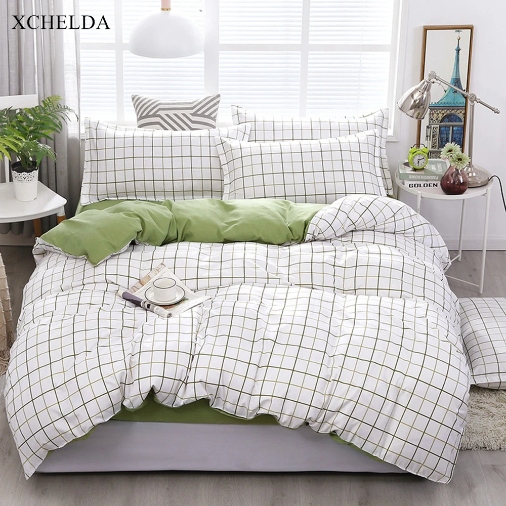 Plaid Bedding Set Couple Queen King Size Duvet Cover Bed Sheet set Nordic white Green Cotton Adult linens Home Textile Bedspread