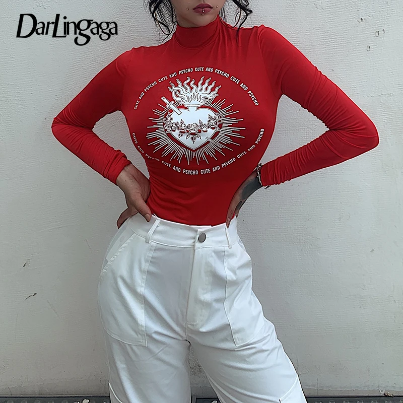 

Darlingaga Harajuku Red Half Turtleneck Body Long Sleeve Bodysuit for Women Letter Printed Skinny Bodysuits 2019 Jumpsuit Romper