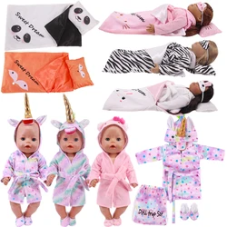 Vêtements de poupée de renaissance, peignoir licorne Kitty, combinaisons, sac de couchage, oreiller, masque, pantoufle, adapté aux jouets américains de 18 pouces et 43 cm 