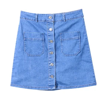

Newest 2017 Women's Denim Button High Waist Bodycon Blue Color Bandage Slim Pencil Short Mini Skirts