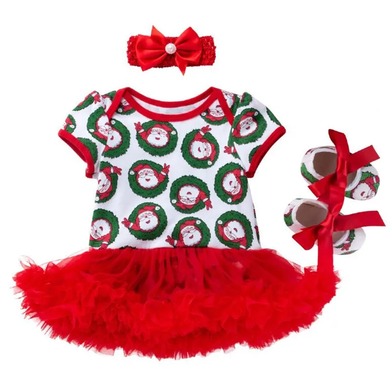 Infant Christmas Clothes 3pcs Sets Short Sleeves Baby Girls Clothes Newborn Rompers+Headband+Shoes New Year Gift Party Costumes