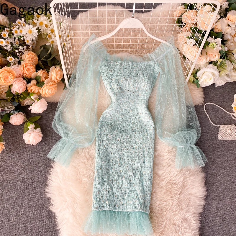 

Gagaok 2020 Sweet Women Dress Spring Autumn New Solid Puff Sleeve Slash Neck Mesh Bodycon Sexy Chic Wild Female Fashion Dresses