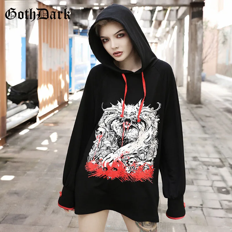 Goth Dark Print Loose Grunge Punk Gothic Sweatshirt Harajuku Autumn Hoodies Longsleeve Aesthetic Strap Fashion Patchwork - Цвет: black