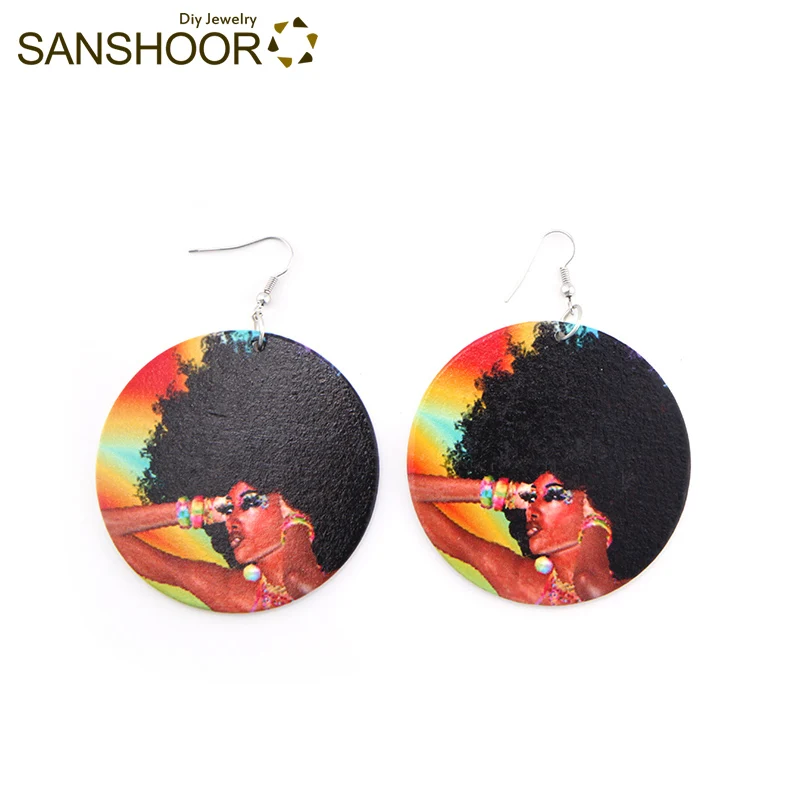 

SANSHOOR Afrocentric Woman Headwrap Wooden Earrings Natural Hair Dangle Jewelry As Christmas Gifts For Women 1Pair Dropshipping