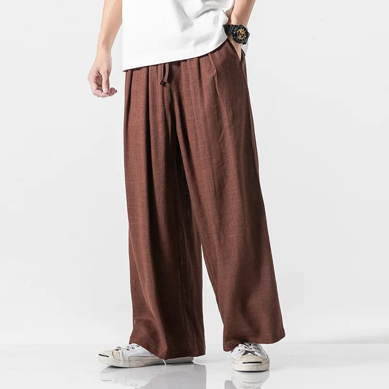 

New Style Large Size Chinese-style Flax Cotton Linen Harem Loose-Fit Solid Color Thin Harem Pants Men's Straight Wide-Leg Casual