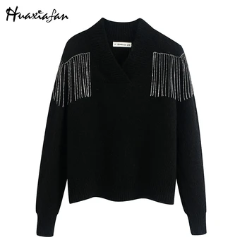 

Huaxiafan Solid Sweaters Women Fashion Casual V Neck Sweater Women Elegant Diamonds Long Sleeve Sweaters Female Ladies