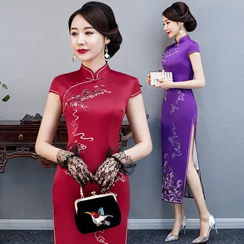 

FZSLCYIYI New improved embroidered long cheongsam dress Chinese style stand collar faux silk cheongsam qipao M-4XL
