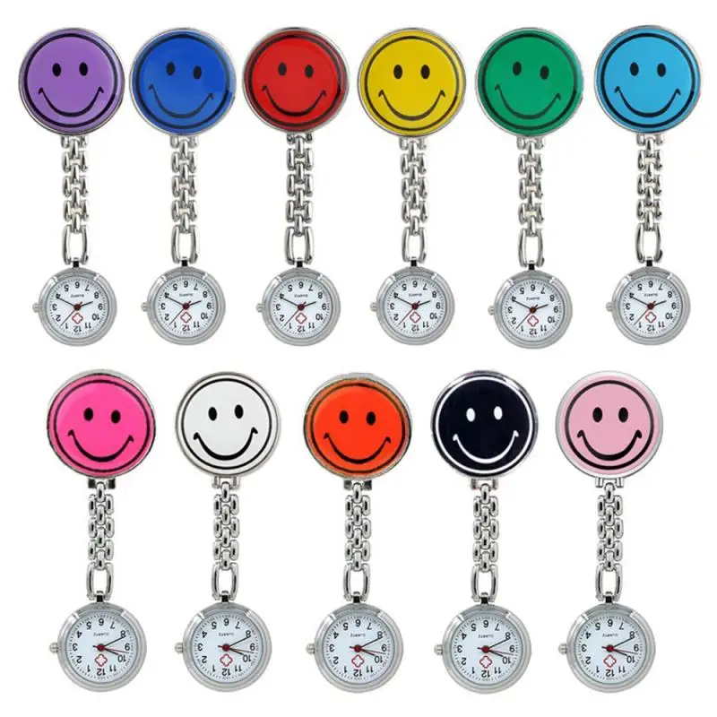 Reloj de enfermera sonriente de acero inoxidable, broche de bolsillo de plata Fob