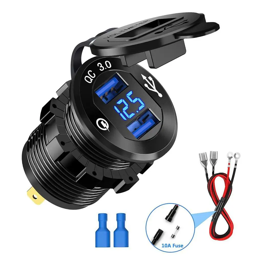 

Quick Charge 3.0 Dual USB Charger Socket Waterproof Aluminum Power Charge LED Voltmeter for 12V/24V Car Boat Motorcycle Bus Truc