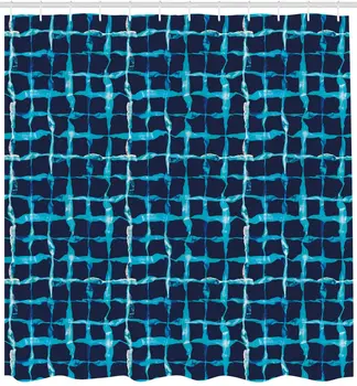 

Indigo Shower Curtain Watercolor Print Geometric Squares Lines Aqua Pool Inspired Design Fabric Bathroom Decor Set with Hooks