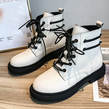 

2020 Women Motorcycle Boots Trend Punk Bare Boots Lace-up Beige PU Short Boots Autumn Winter Outdoor Non-slip Shoes Women
