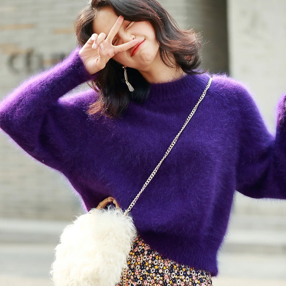 

Morihiro 19 Autumn New Mink Cashmere Style Crew Neck Pullover Loose-Fit Elegant Purple Laziness Sweater Women's 3073