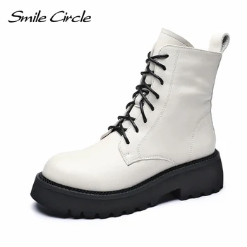

Smile Circle Ankle Boots Women platform shoes Genuine Leather 2020 fashion Round toe Ladies boots short