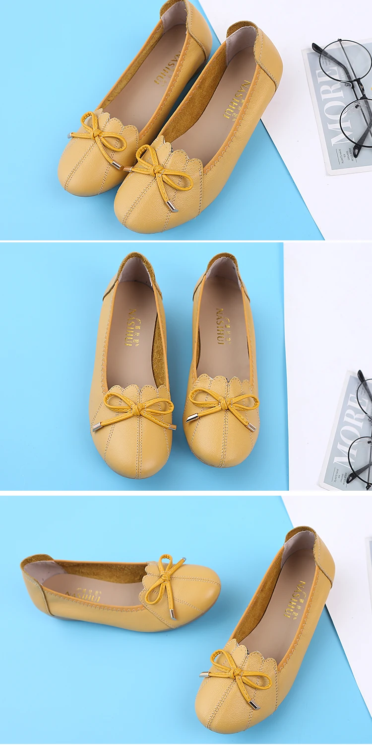 OUKAHUI Spring Autumn Soft Bottom Genuine Leather Ballet Flats With Bow Shoes For Women Loafers Shallow Slip-On Flat Shoes Women