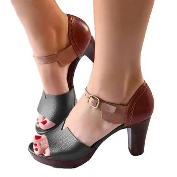 

2020 woman summer shoes Sandals ankel strap high square heels peep toe concise casual buckle strap women Sandals