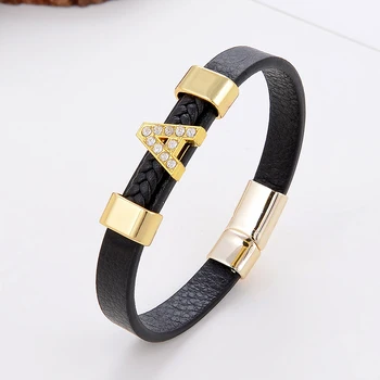 New Hot A-Z Initial Zinc Alloy Pave Setting Zircon Letter Charm Bracelets Leather Rope Chain For Women Lovers Jewelry Gift