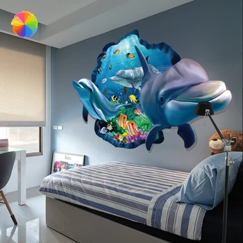 

New Special Design 3d Effect Underwater World Dolphin Fish Background Wall StickersCY