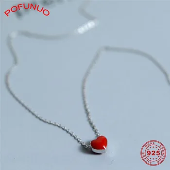 

POFUNUO Young Girls 925 Sterling Silver Necklace Sweet Cute Pretty Drip Oil Red Heart Pendant Necklace Sexy Lovely Fine Jewelry
