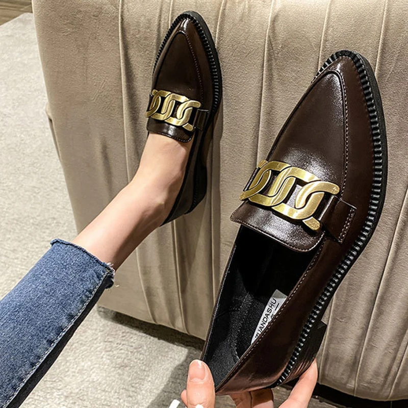 Leather Shoes Women British Metal chain small Oxfords Sneakers Derbies Shallow Pointed Toe Thick Heels Loafers Ladies Flats women oxford shoes leather mary jane shoes