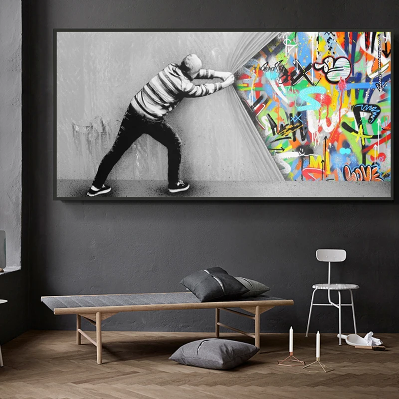 

Behind the Curtain Graffiti Art Painting on Canvas Posters and Prints Street Wall Art Picture for Living Room Cuadros Home Decor