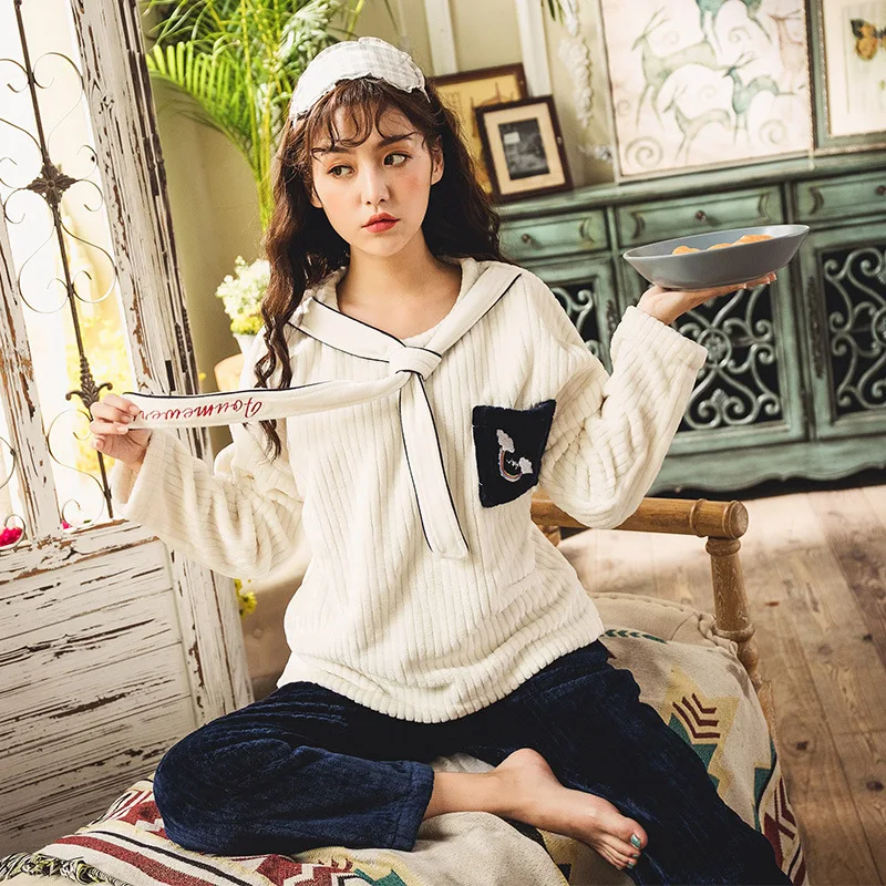 Sleepwear Women Plush Pajamas Autumn and Winter Long-sleeved Thick Warm Two-piece Cute Home Clothing Suit