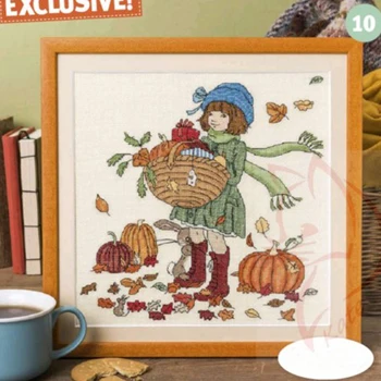 

Gold Collection Lovely Counted Cross Stitch Kit Russian Harvest Season Lovely Girl With Blue Hat Fruit Pumpkin And Bunny