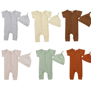 

2020 0-6M Newborn Baby Boy Romper Solid Cotton Comfortable Jumpsuit + Hat Outfit 2Pcs