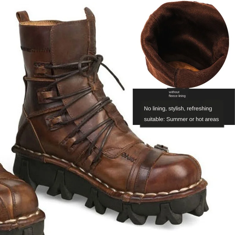 thumbnail image 1 of Botas de trabajo de cuero genuino para hombre, botas de combate militares, botas de moda Punk con calavera gótica, botas de motocicleta 50 Vintage, 1 of 5