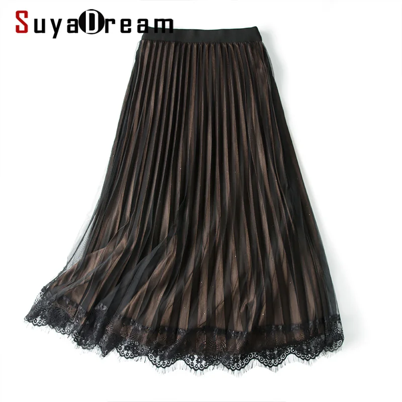 

SuyaDream Women Lace Long Skirt Double Sided Wear A Line Pleated Skirts 2020 Spring New