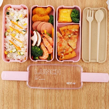 

900ml Pink 3 Layers Beige 1PC Bento Box Green Eco-Friendly Lunch Box Food Container Wheat Straw