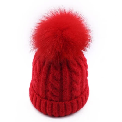 Red - Fox Fur Зимняя женская вязаная шапка Skullies Женская бини шапки с настоящим помпон из лисьего меха роскошный Gorro; теплый лыжный головной убор для девочек ярких цветов - Цвет: Red - Fox Fur