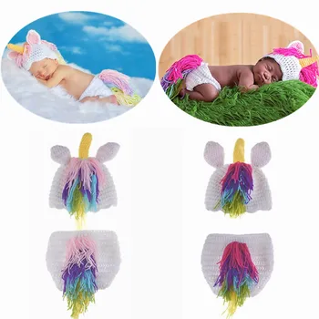 

2Pcs/Set Newborn Photography Props Handmade Crochet Knitted Cartoon Small Horse Baby Hat And Diaper Set Infant Girls Clothing