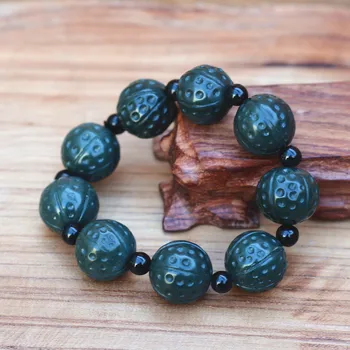 

18mm 100% Natural Dark Green Nephrite Stone Bracelets Round Beads King kong Bracelets Bangles Gift for Men's Jade Jewelry