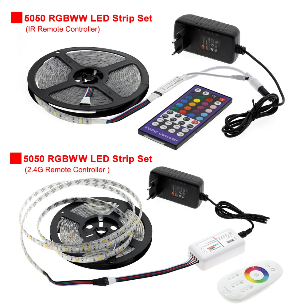 US $11.54 5M 5050 LED Strip DC12V RGB RGBW RGBWW Flexible Light Tape 300 LEDs RGB Color LED Strip Set Remote Control Power Adapter