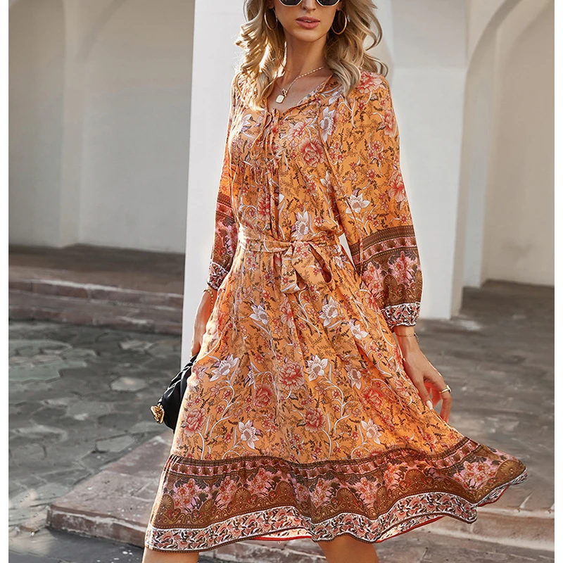 Размера плюс 2021 Boho Платье с цветочным узором A-Line платье миди длинное V образным