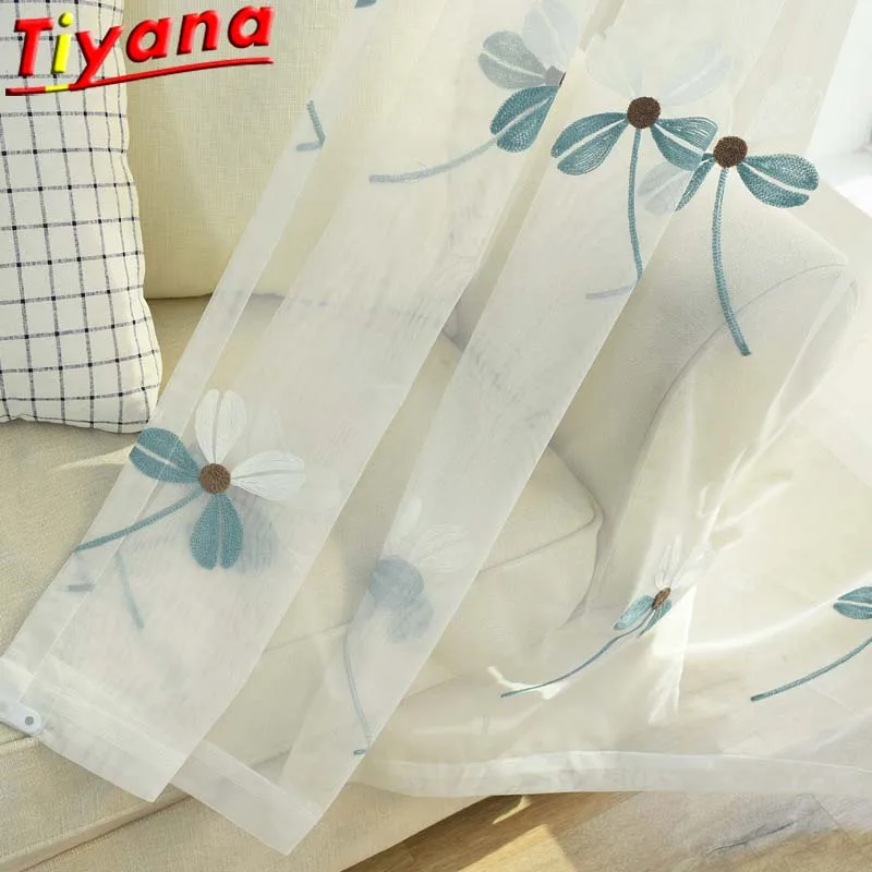 

Blue Flower Embroidery Yarn Curains for Living Room Simply White Sheer Tulle White Embroidery Window Drapes Gauze M070#30